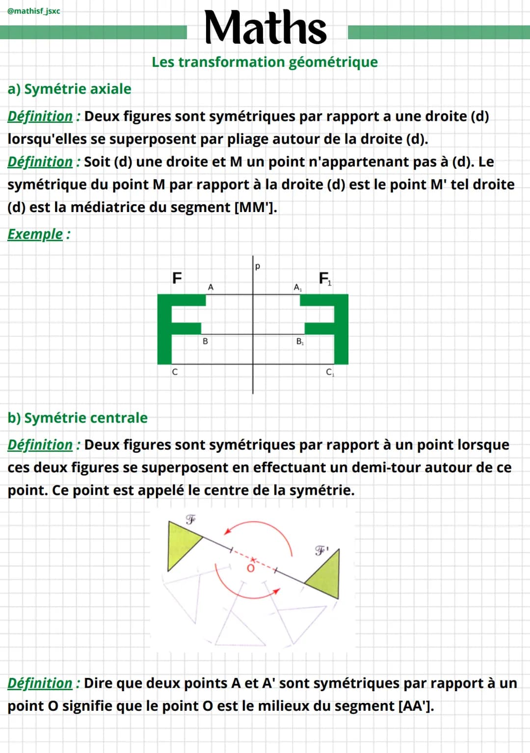 @mathisf_jsxc
Maths
Les transformation géométrique
a) Symétrie axiale
Définition : Deux figures sont symétriques par rapport a une droite (d