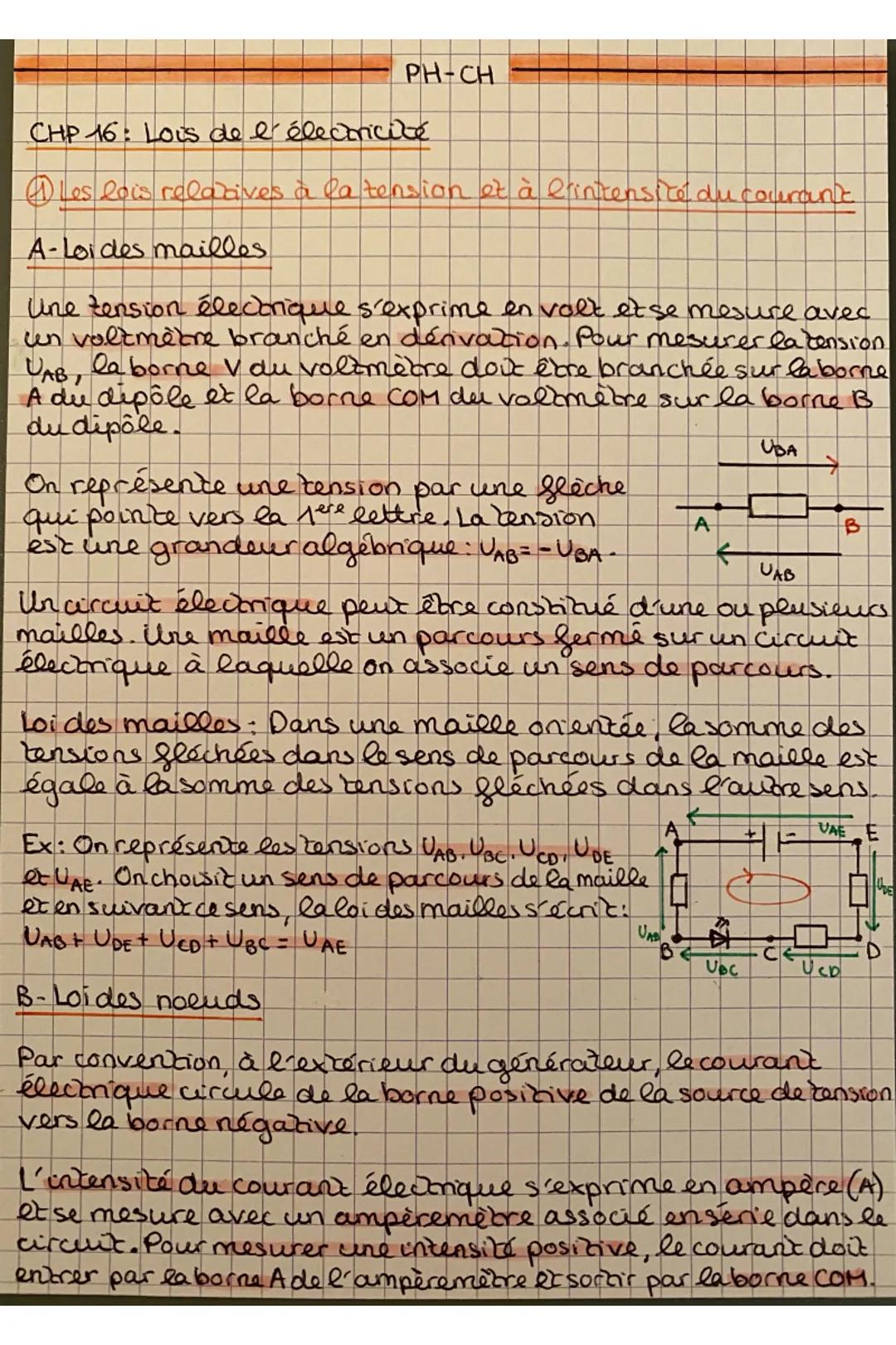 PH-CH
CHP 16: Lots de l'électricité
Les lois relatives à la tension et à l'intensité du courant.
A-Loides mailles.
Une tension électrique s'