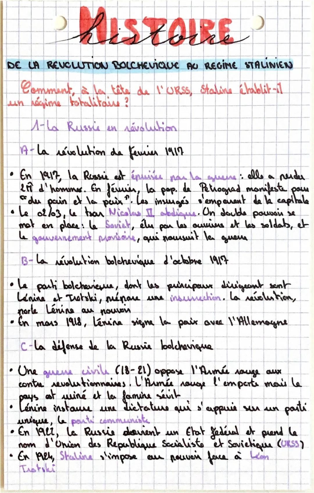 MISTOIRE
DE LA REVOLUTION BOLCHEvique AC REGIME STALINIEN
Comment, à la tête de l'URSS, Staline établit-il
un régime totalitaire ?
.
1-La Ru