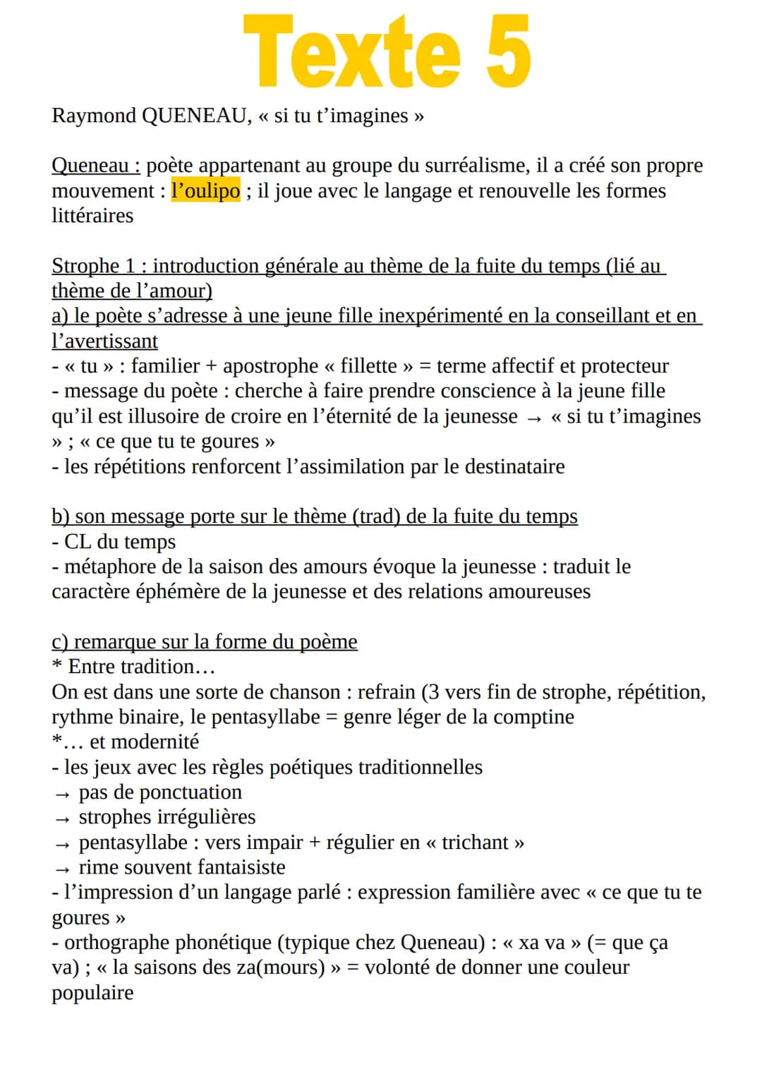 Texte 5
Raymond QUENEAU, « si tu t'imagines »
Queneau : poète appartenant au groupe du surréalisme, il a créé son propre
mouvement : l'oulip