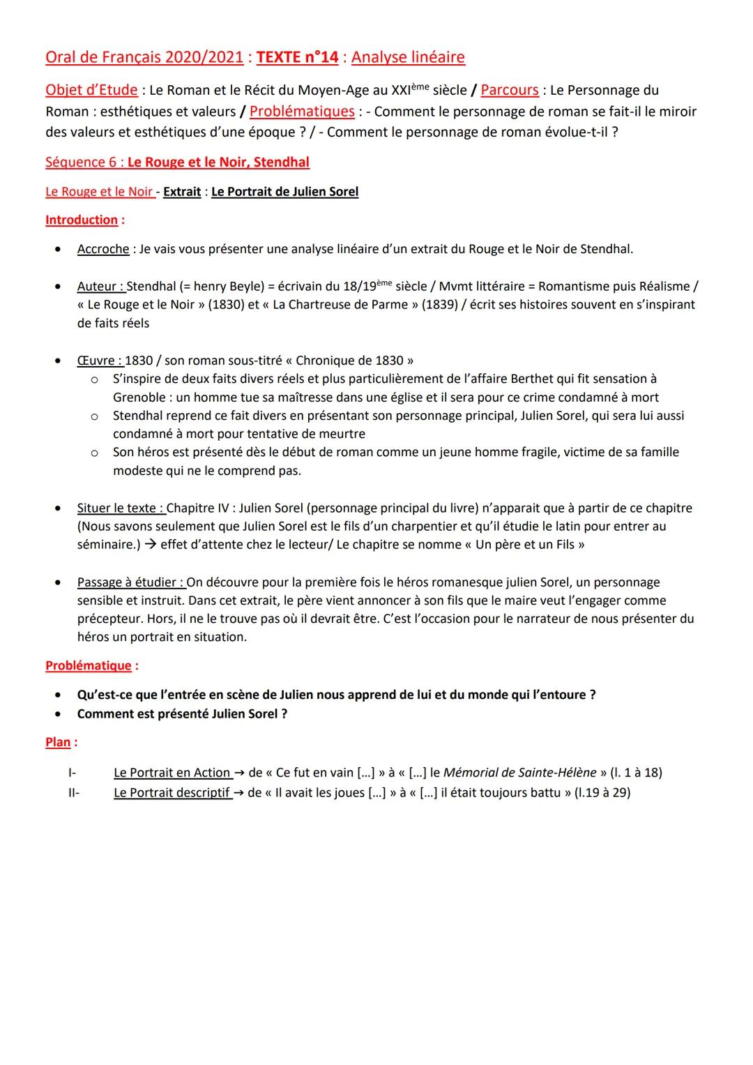 # Oral de Français 2020/2021: TEXTE n°14: Analyse linéaire

Objet d'Etude: Le Roman et le Récit du Moyen-Age au XXIème siècle / Parcours: Le