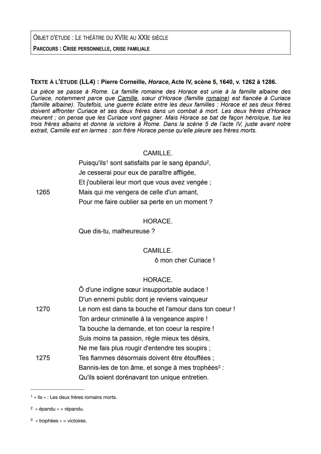 OBJET D'ÉTUDE : LE THÉÂTRE DU XVIIE AU XXIE SIÈCLE
PARCOURS CRISE PERSONNELLE, CRISE FAMILIALE
TEXTE À L'ÉTUDE (LL4): Pierre Corneille, Hora