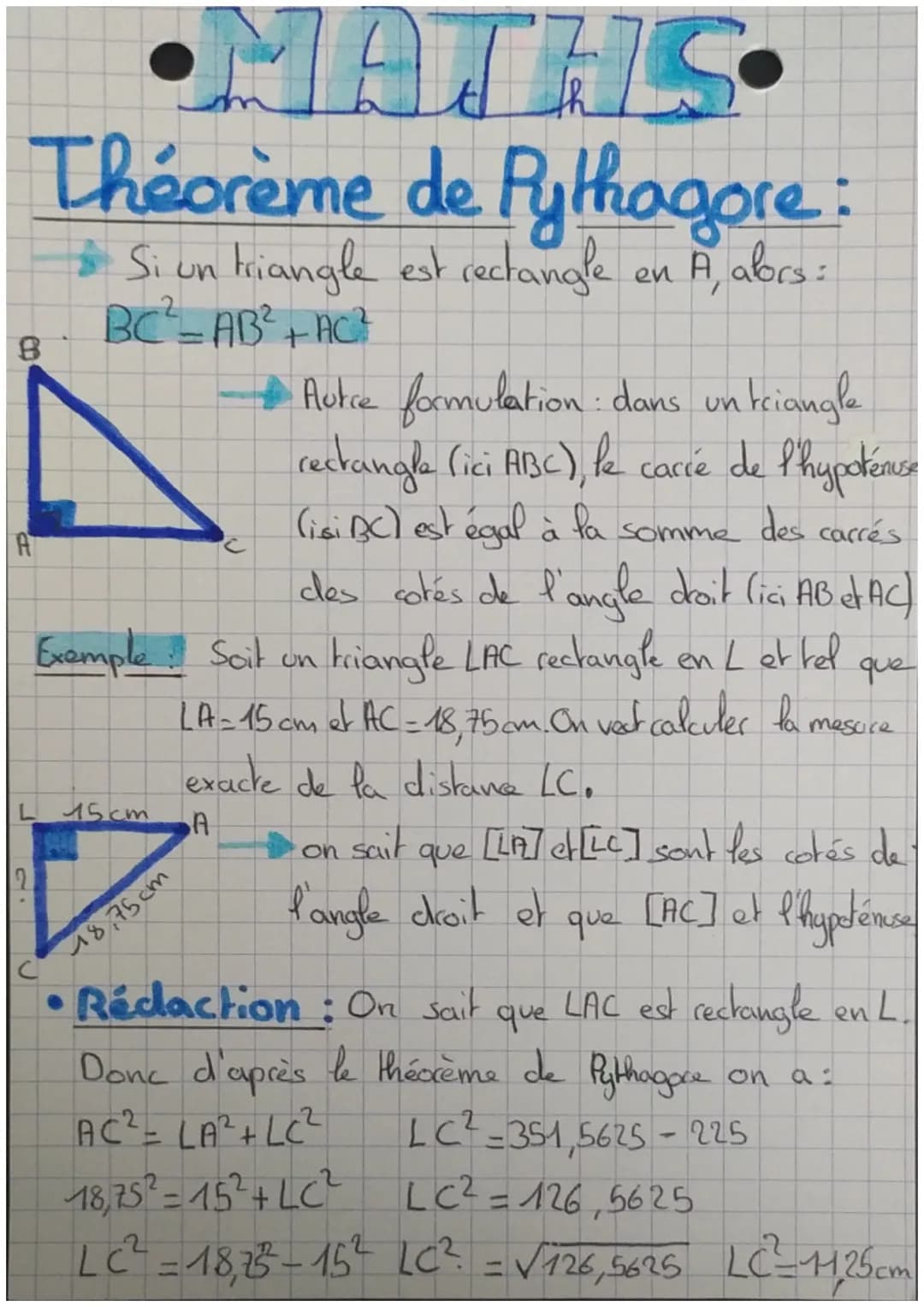 •MATHS
Théorème de Pythagore:
Si un triangle est rectangle en A, alors:
BC² = AB² + AC²
B
+ Autre formulation : dans un triangle
rectangle (