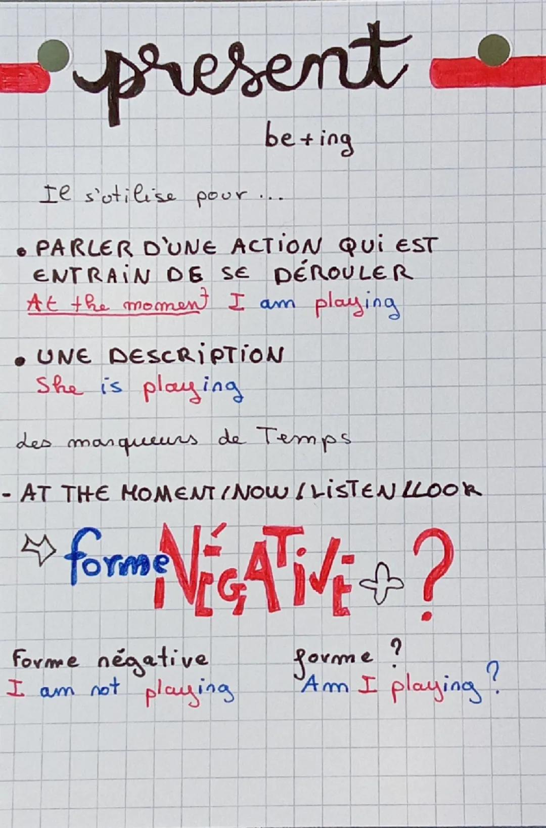 present

beting

Il s'utilise pour...

• PARLER D'UNE ACTION QUI EST
ENTRAIN DE SE DÉROULER
At the moment I am playing

• UNE DESCRIPTION
Sh