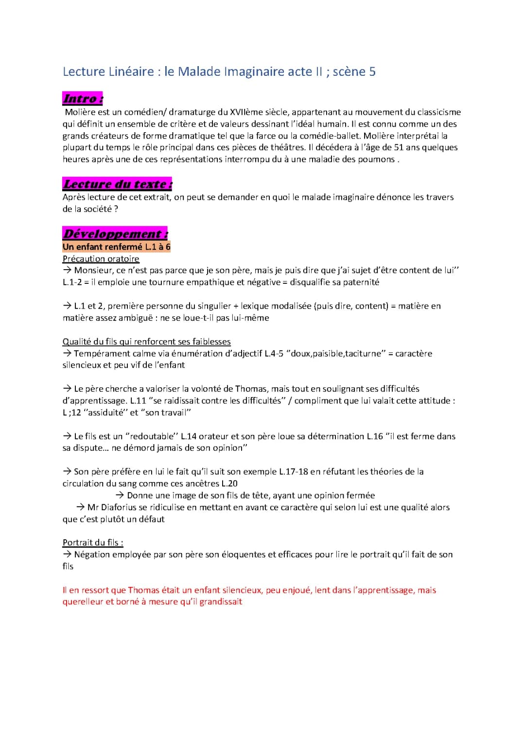 Analyse linéaire du Malade Imaginaire - Acte 1 Scène 1, Acte 1 Scène 5, Acte 3 Scène 10, Acte 3 Scène 12, Acte 3 Scène 3 PDF