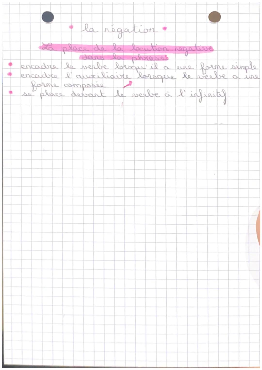 # FRANÇAIS

• la négation

L'expression de la négation varie selon les
registres de langages el de la distinction entre
l'oral et l'écrit.

