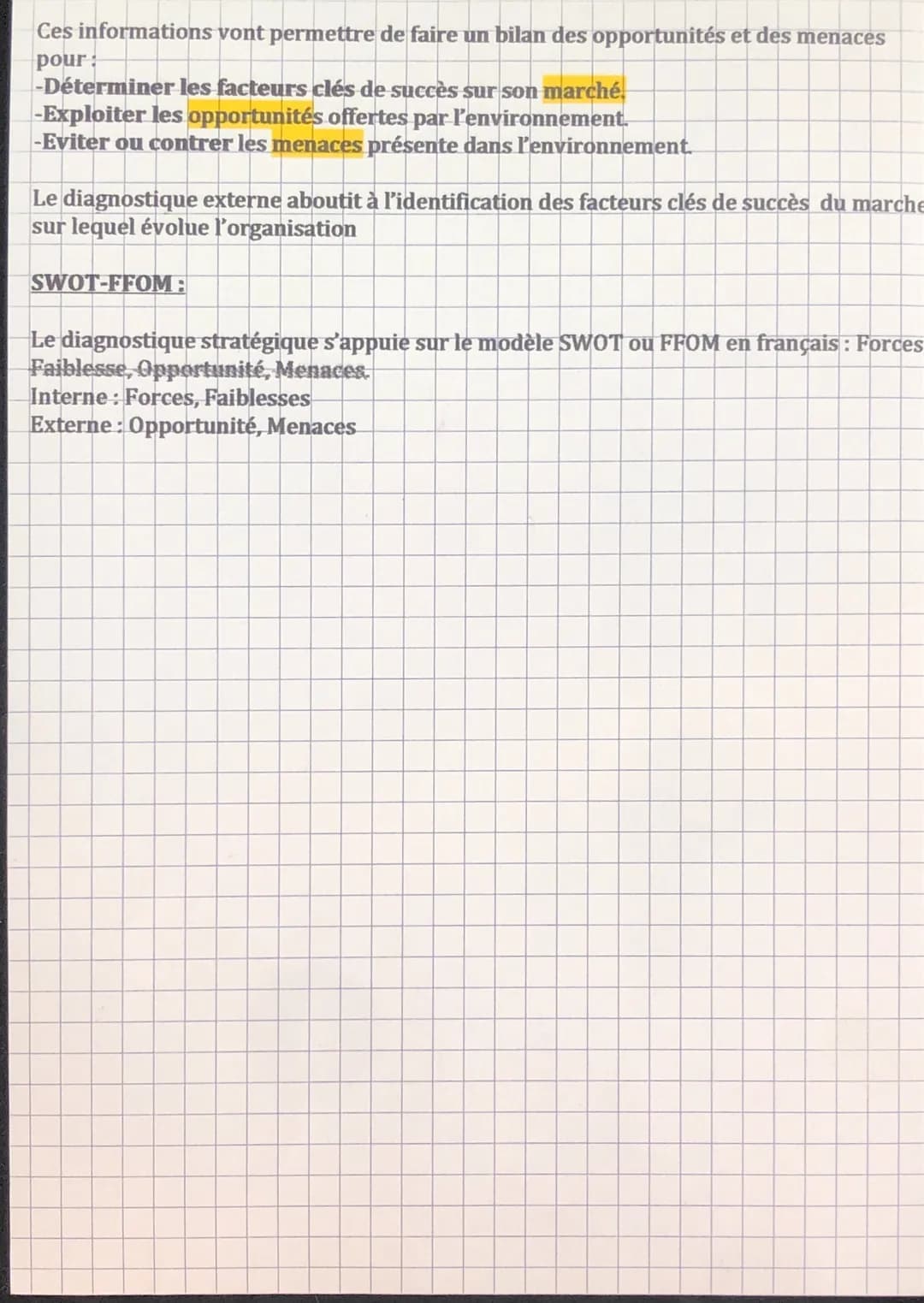 Management
CHAPITRE 6:
Comment élaborer le diagnostic stratégique :
1. L'organisation évalue:
Ses ressources (humaines, financières, matérie