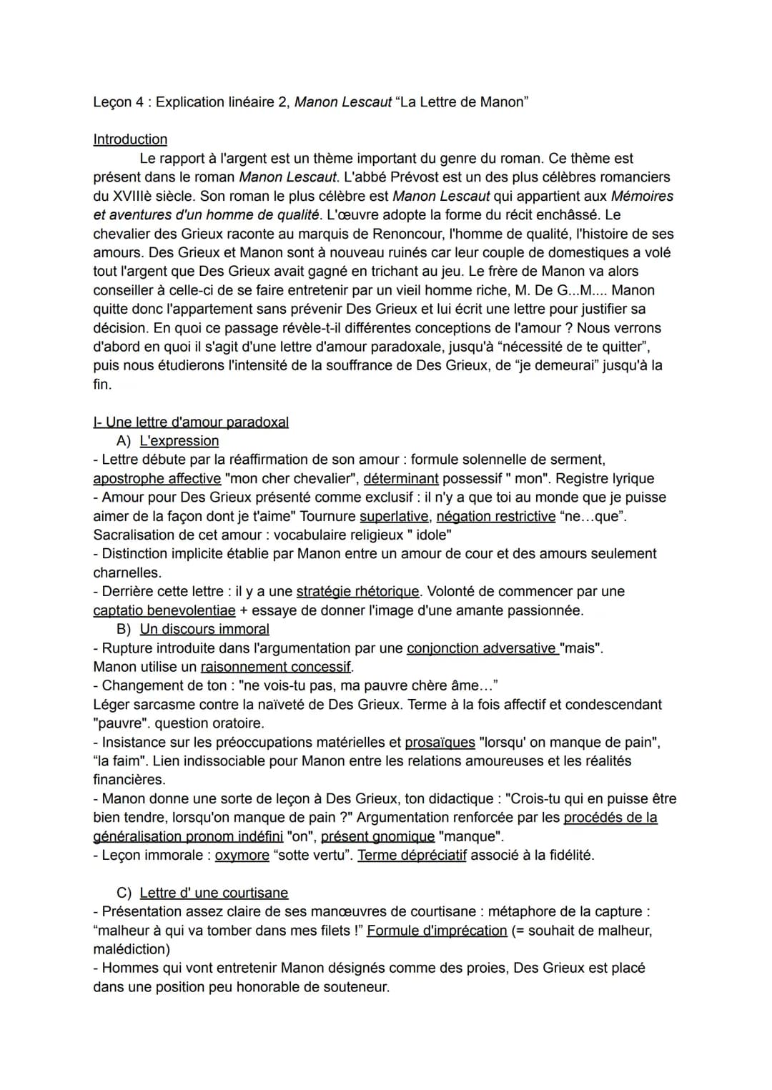 --- OCR Start ---
Leçon 4: Explication linéaire 2, Manon Lescaut "La Lettre de Manon"
Introduction
Le rapport à l'argent est un thème import