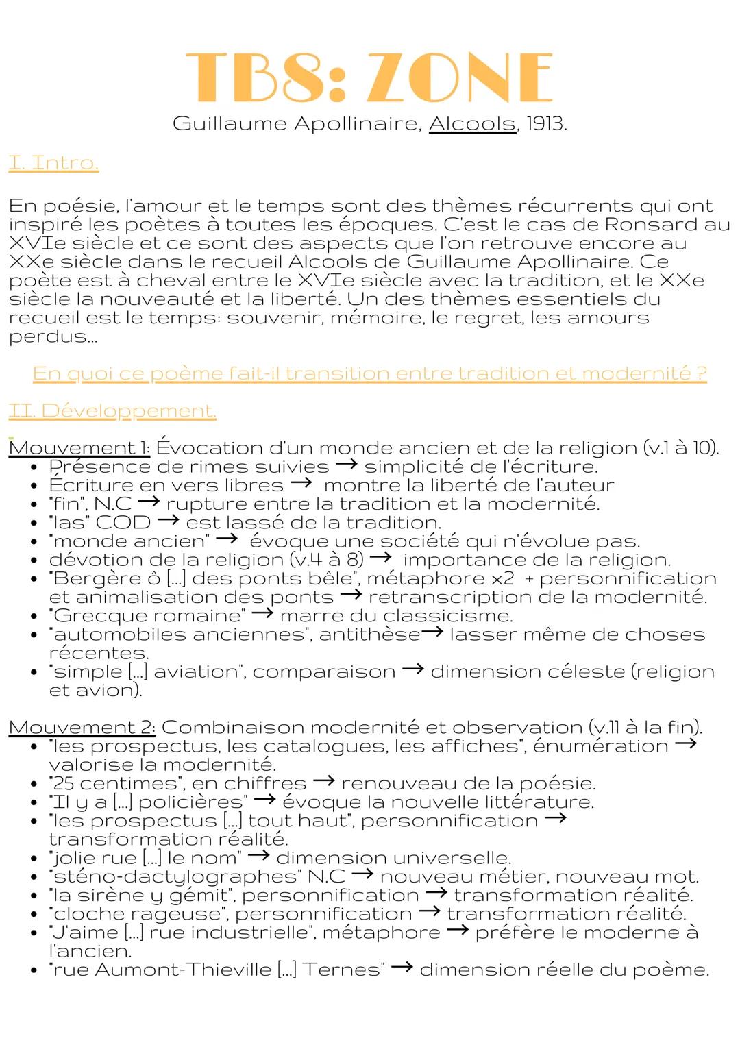 TBS: ZONE
Guillaume Apollinaire, Alcools, 1913.
I. Intro.
En poésie, l'amour et le temps sont des thèmes récurrents qui ont
inspiré les poèt