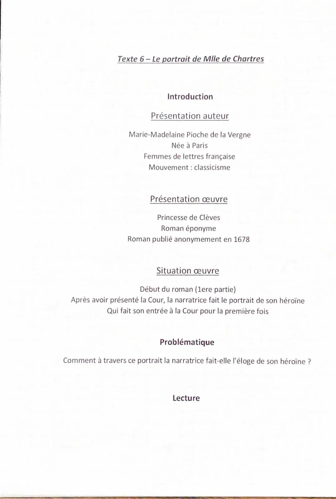 Le portrait de Mlle de Chartres - Analyse linéaire de la Princesse de Clèves