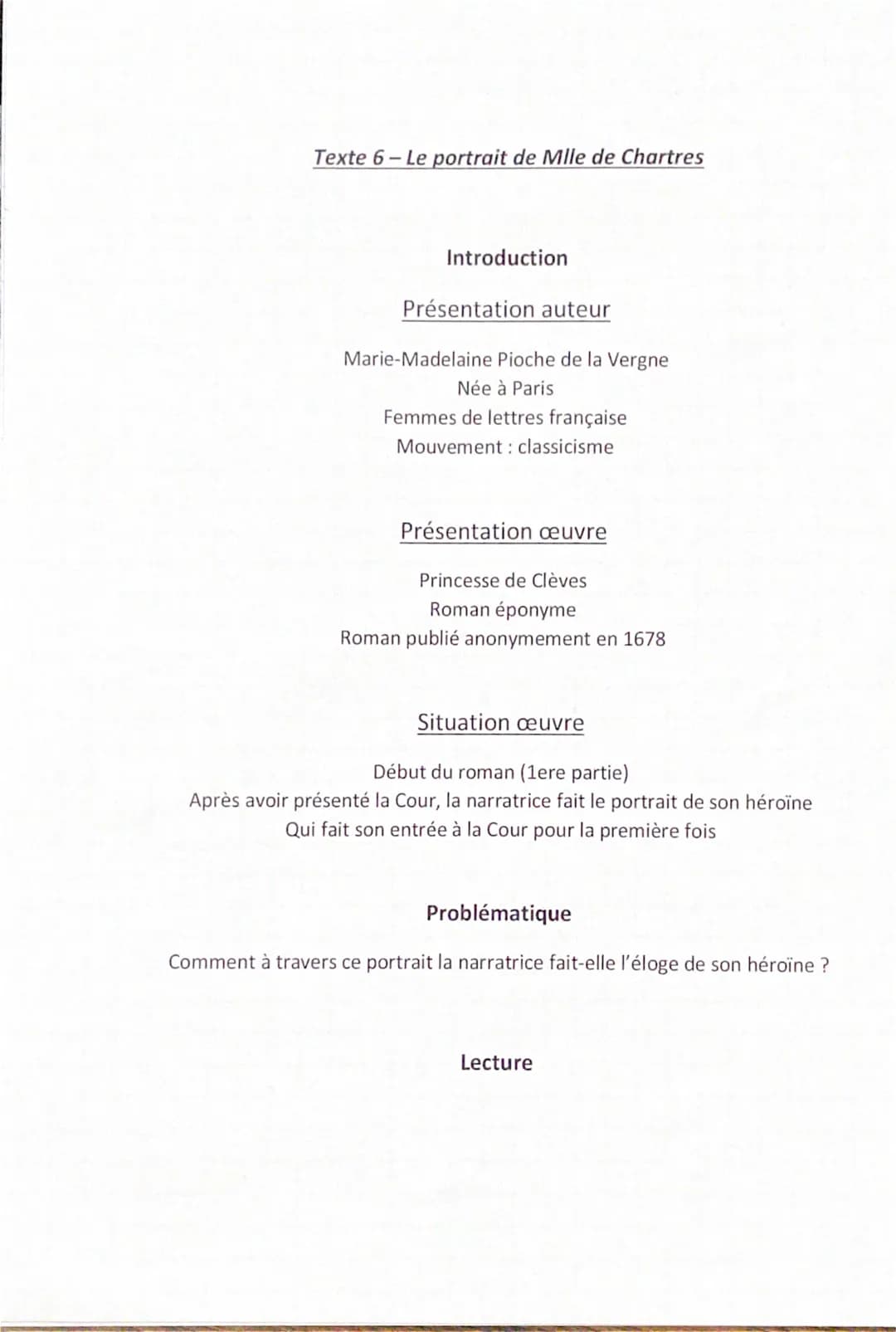 Texte 6-Le portrait de Mlle de Chartres
Introduction
Présentation auteur
Marie-Madelaine Pioche de la Vergne
Née à Paris
Femmes de lettres f