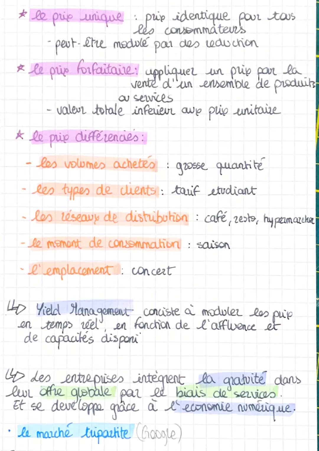 * le prix unique : prix identique pour tous
les consommateurs
peut-être modulé par des reduction
* le prix forfaitaire: uppliquer un prix pa