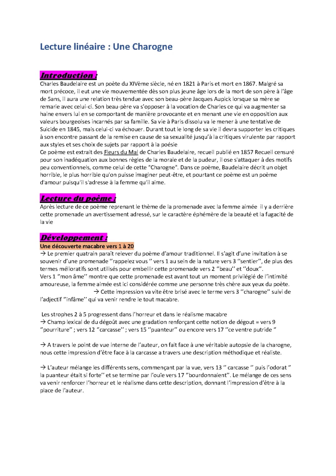 Analyse linéaire Une Charogne de Baudelaire - PDF et Fiche Bac
