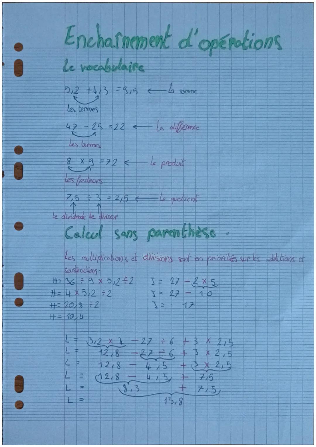 Enchaînement d'opérations
Le vocabulaire
5,2 +4/3 = 9,5 <
La somme
Les termes
47 -
25 = 22 < la différence
47-25
Les termes
8 x 972 <
Le pro