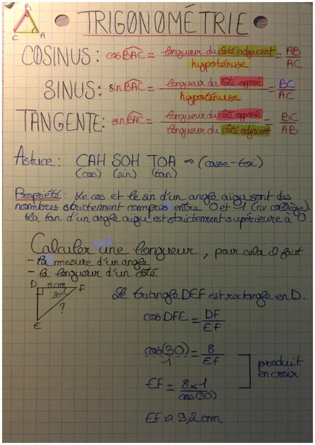 A TRIGONOMETRIE
C
COSINUS: $cosBAC$= longueur du cos adjacent AB
hypoténuse
SINUS: $Sin BAC$ = longueur du côté oppose BC
hypotenuse AC
TANG