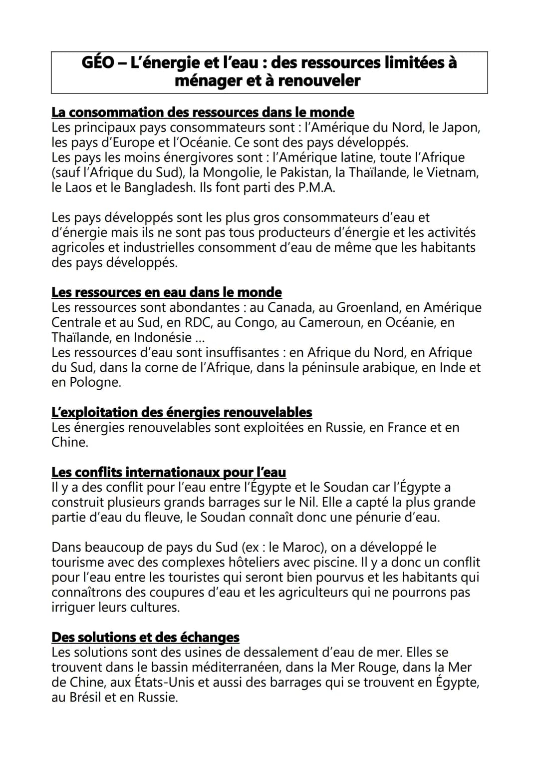 GÉO - L'énergie et l'eau : des ressources limitées à
ménager et à renouveler
La consommation des ressources dans le monde
Les principaux pay