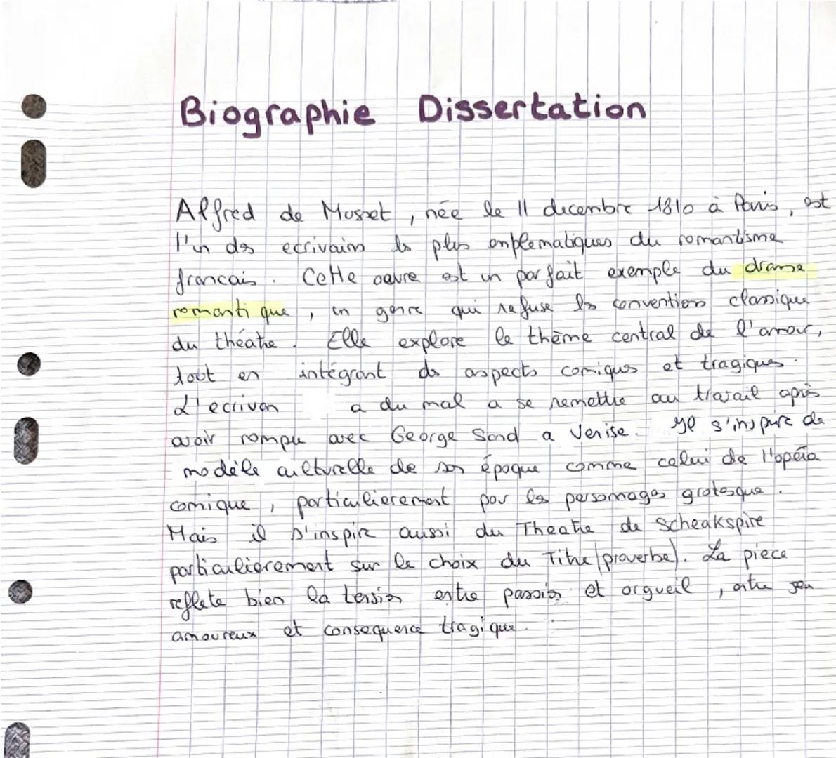--- OCR Start ---
0
Biographie Dissertation
Alfred de Musset, née le 11 decembre 1810 à Paris, est
I'un des ecrivain is ples enplematiques d