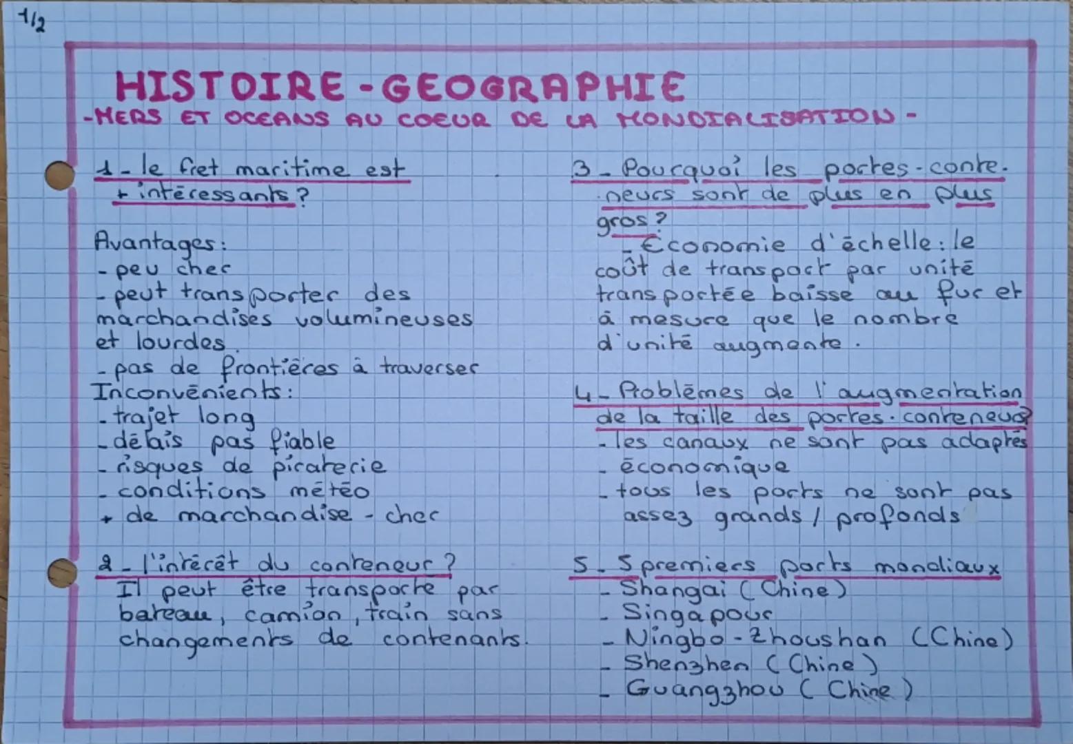 112

HISTOIRE - GEOGRAPHIE
-MERS ET OCEANS AU COEUR DE LA MONDIALISATION-

1- le fret maritime est
+ interessants?

Avantages:
- peu cher
- 