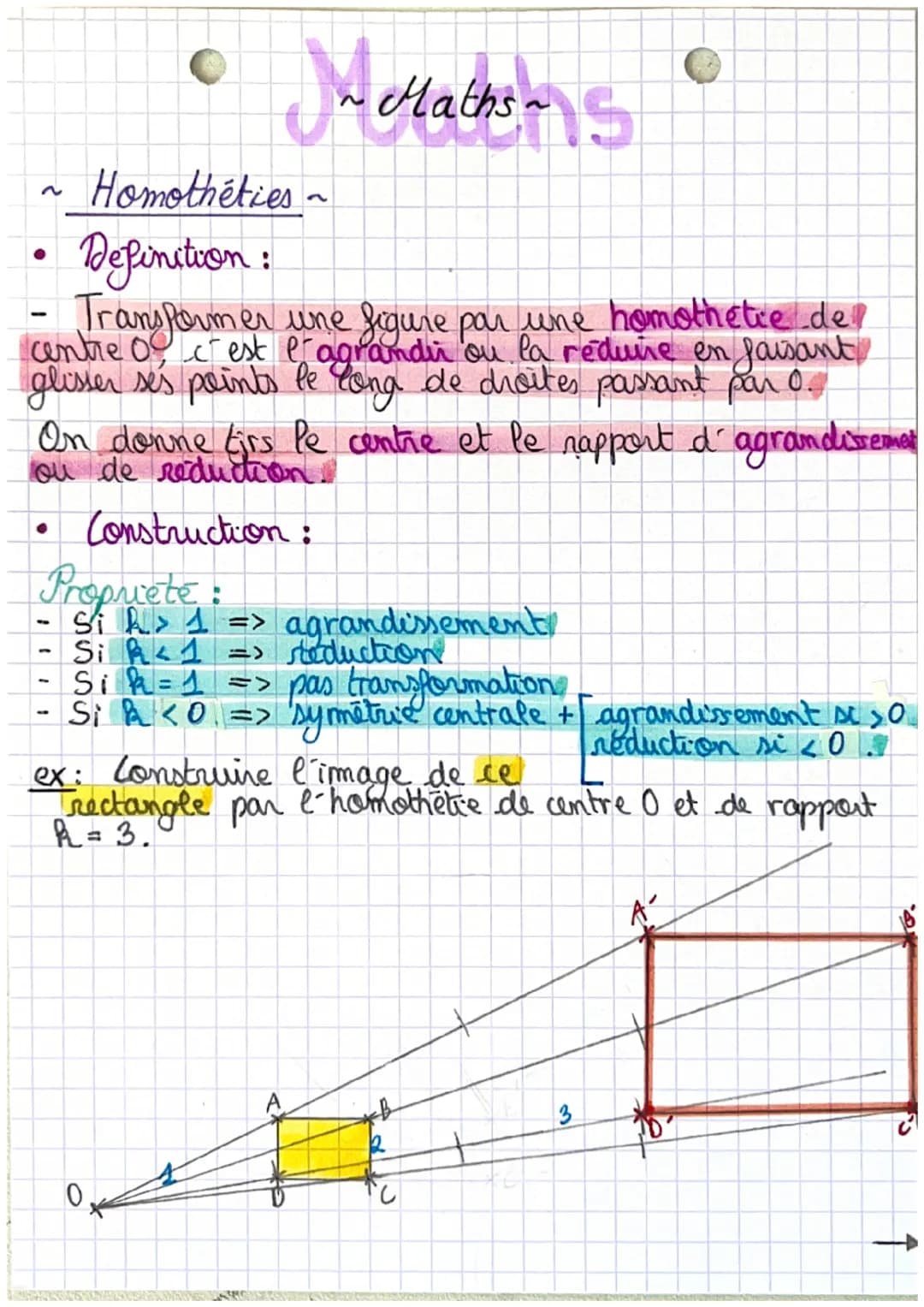 Homothéties ~
Definition:
Transformer
une figure par une homothetie de
centre 0 c'est l'agrandir ou la réduire en faisant
glisser ses points