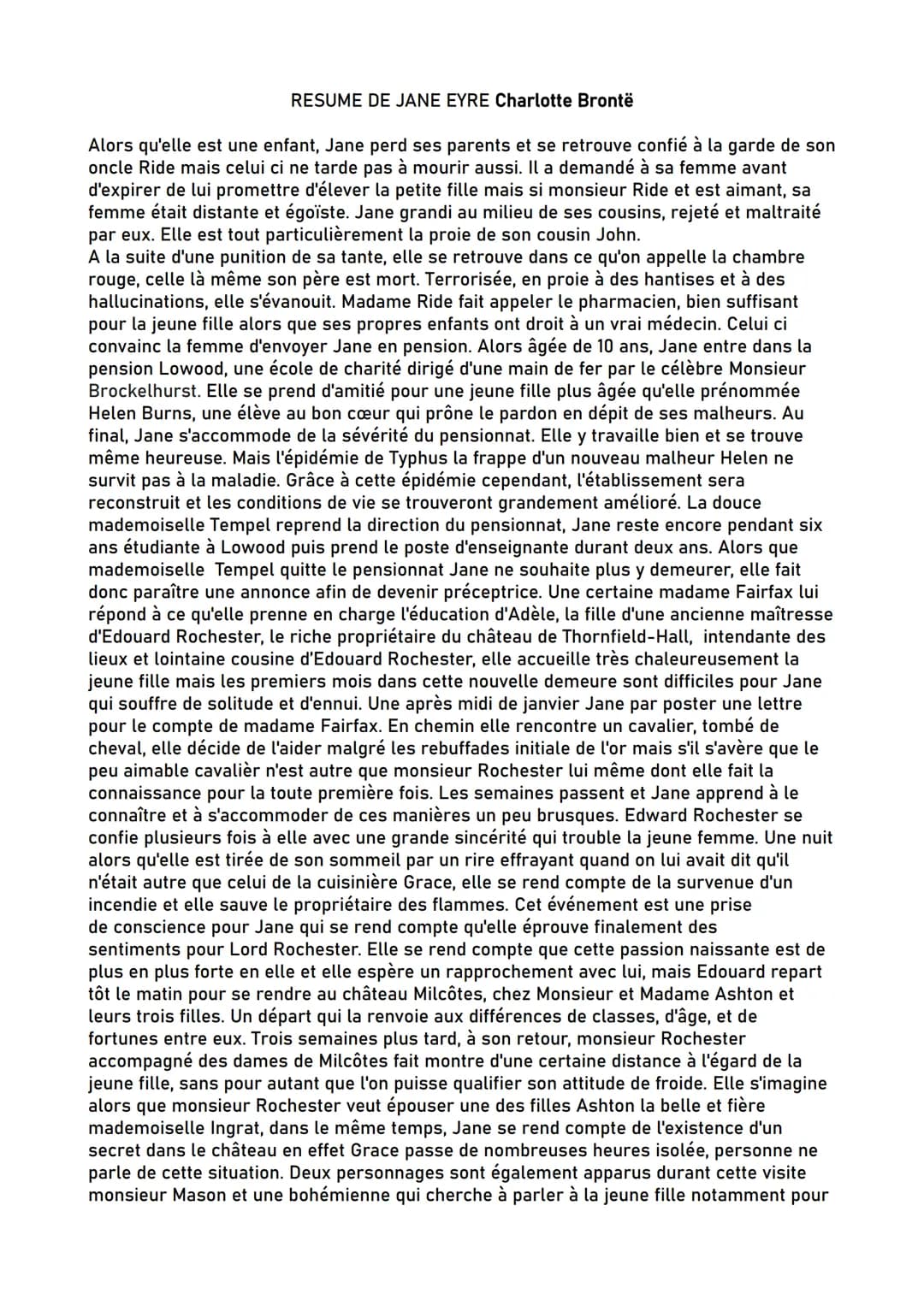 RESUME DE JANE EYRE Charlotte Brontë
Alors qu'elle est une enfant, Jane perd ses parents et se retrouve confié à la garde de son
oncle Ride 