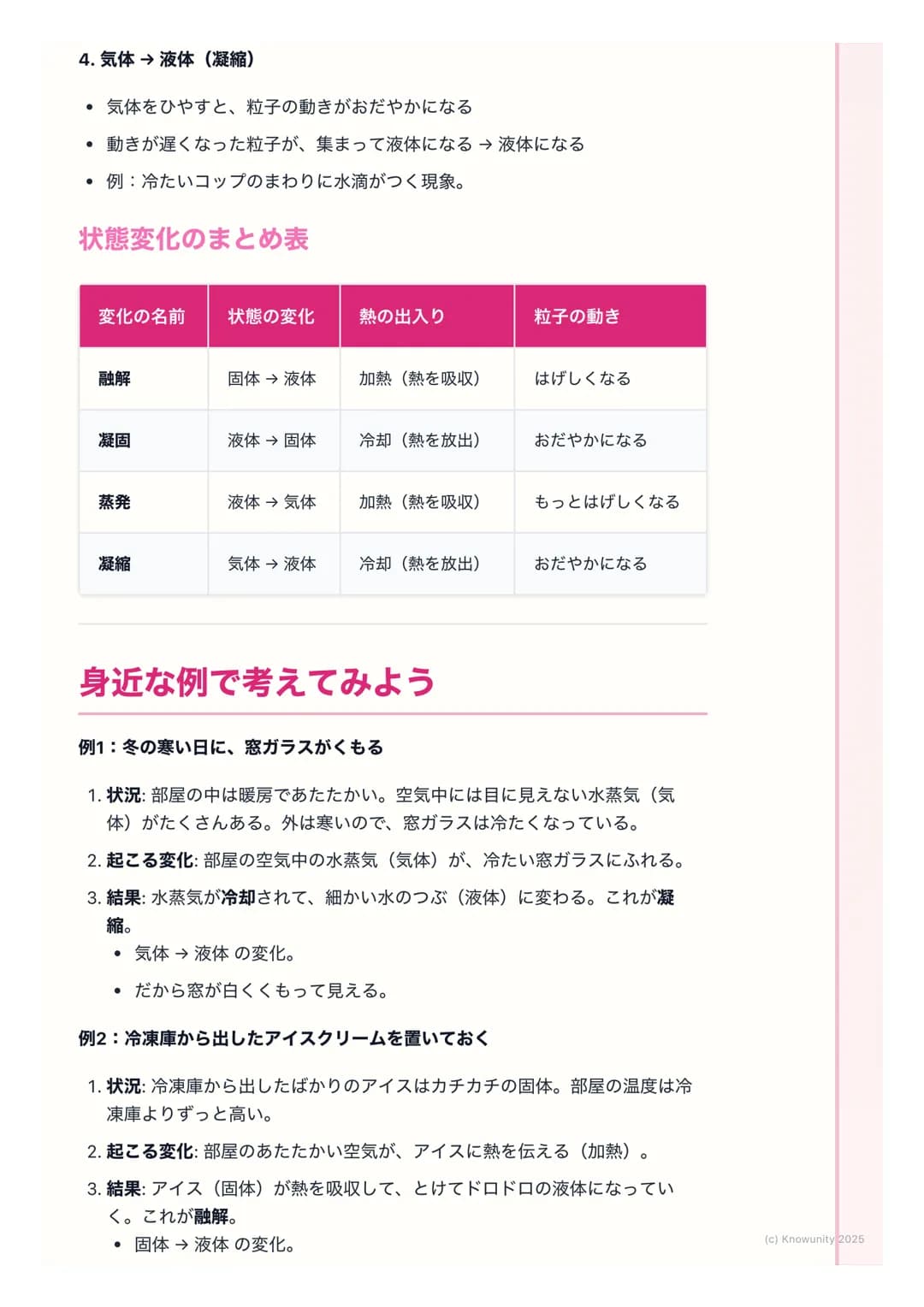 # 融解・凝固・蒸発・凝縮

## 物質の状態変化について

物質には、固体・液体・気体の3つの状態がある。例えば、水は氷(固体)、
ふつうの水(液体)、水蒸気(気体)のように姿を変える。このように、物質
が温度によって状態を変えることを状態変化という。身の回りでたくさん見られ
