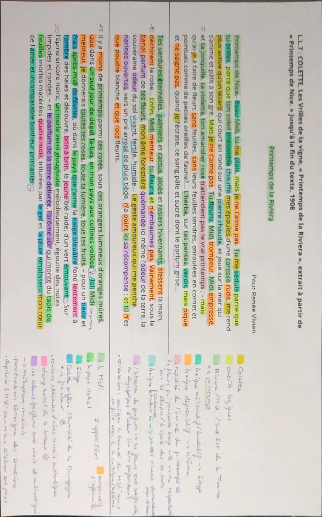 L.L.7: COLETTE, Les Vrilles de la vigne, « Printemps de la Riviera », extrait à partir de
<< Printemps de Nice. jusqu'à la fin du texte, 190