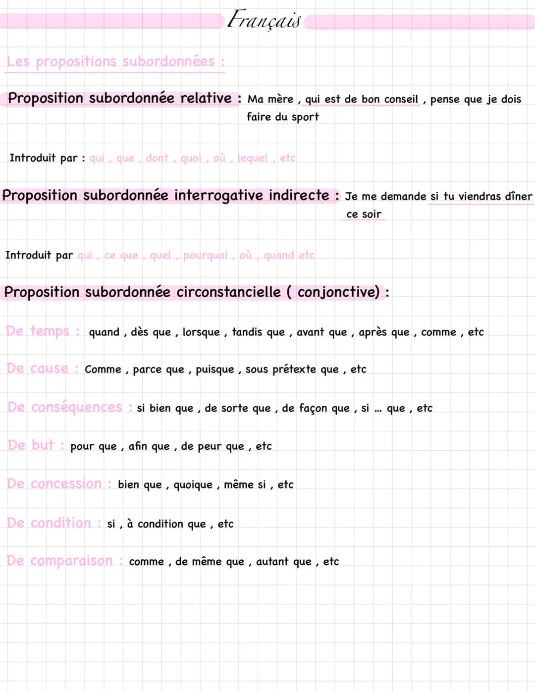 Les propositions subordonnées :
Français
Proposition subordonnée relative : Ma mère, qui est de bon conseil, pense que je dois
faire du spor