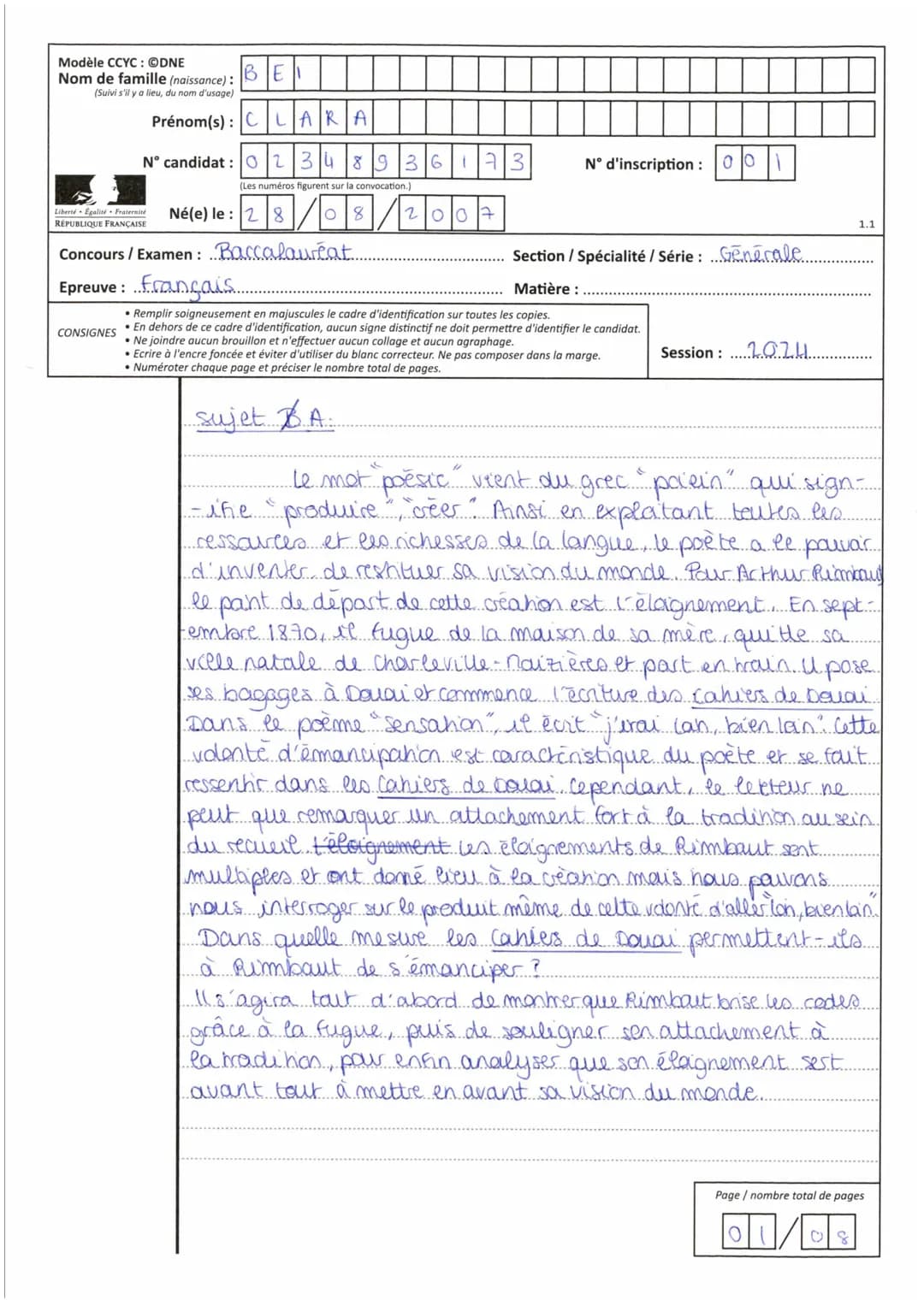 REPUBLIQUE FRANÇAISE
Série
Session
Epreuve
Sujet
MINISTÈRE
DE L'EDUCATION
NATIONALE
COPIE
ÉPREUVES ANTICIPÉES DU
BACCALAURÉAT
Epreuve
Baccal