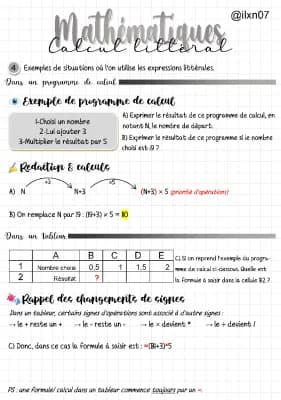 Know MATHEMATIQUES calcul littéral (dans un programme de calcul et un tableur) thumbnail