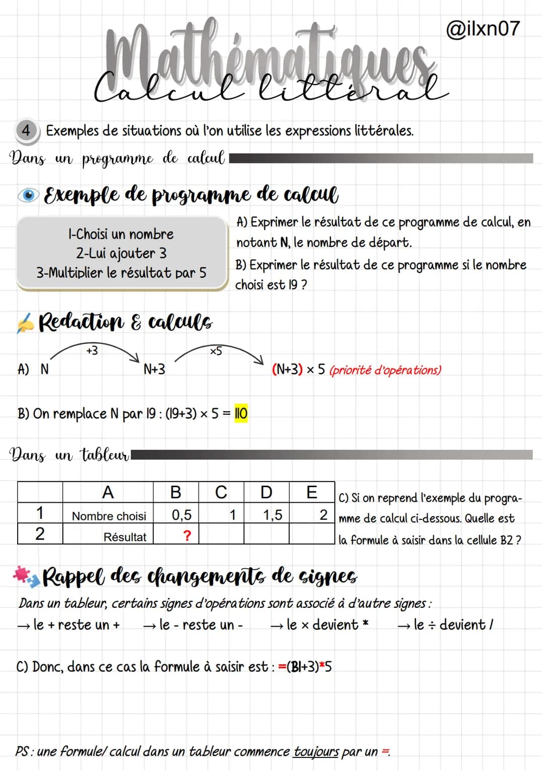 Calcul litteral
4 Exemples de situations où l'on utilise les expressions littérales.
Dans un programme de calcul
• Exemple de programme de c