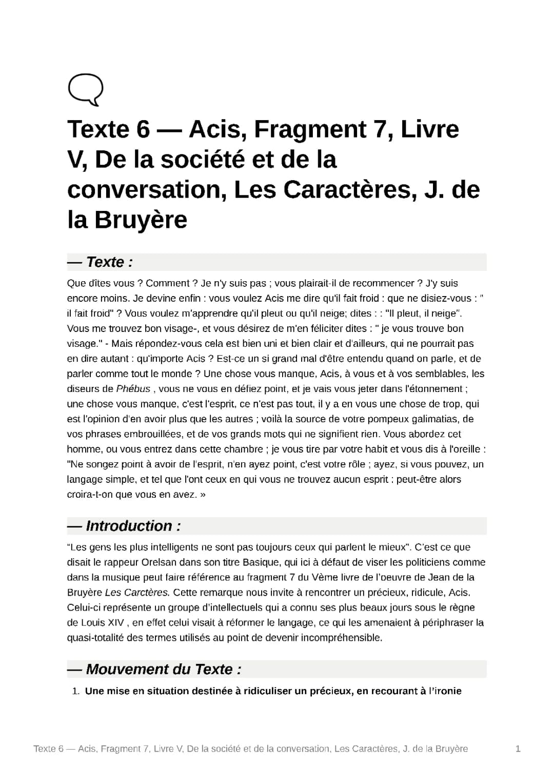 Le Portrait d'Acis - Analyse Linéaire Les Caractères La Bruyère