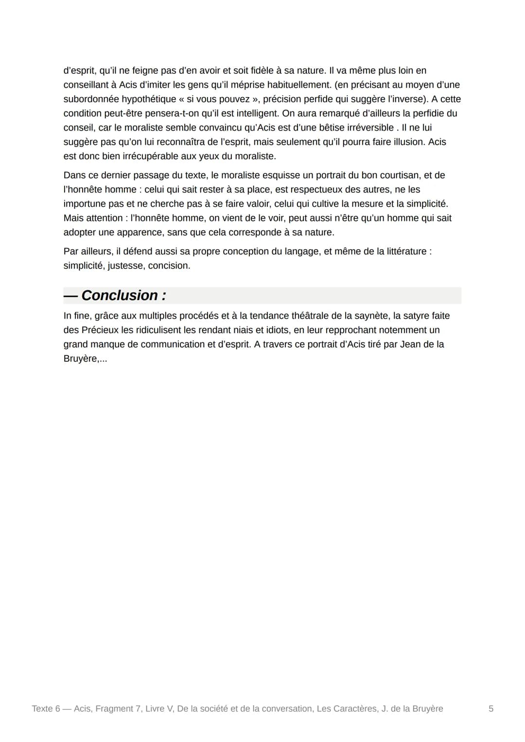 Texte 6 Acis, Fragment 7, Livre
V, De la société et de la
conversation, Les Caractères, J. de
la Bruyère
Texte :
Que dîtes vous ? Comment ? 