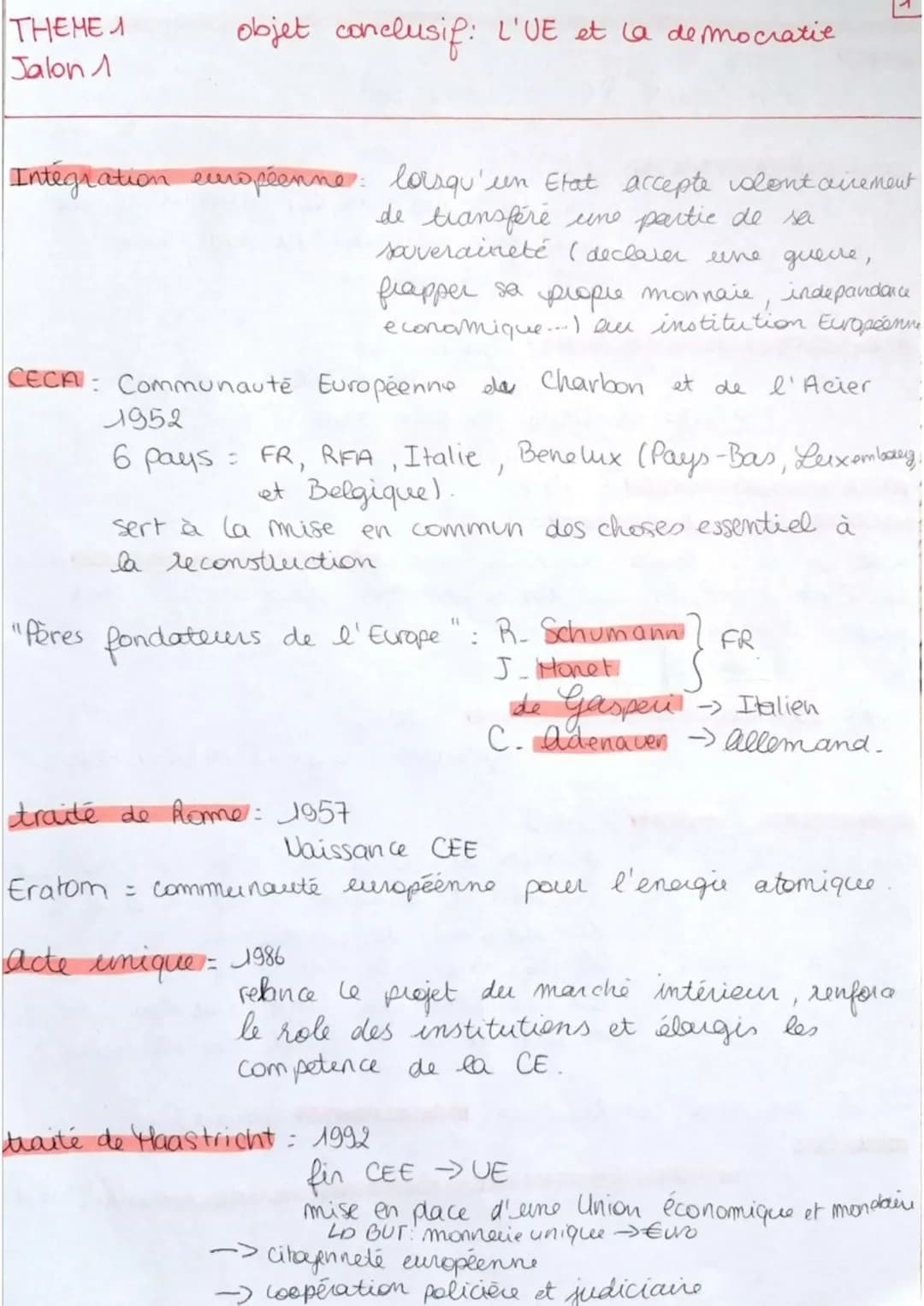 THEME 1
Jalon 1
objet conclusif: L'UE et la democratie
Integration européenne: lorsqu'un Etat accepte volontairement
de transfère une partie