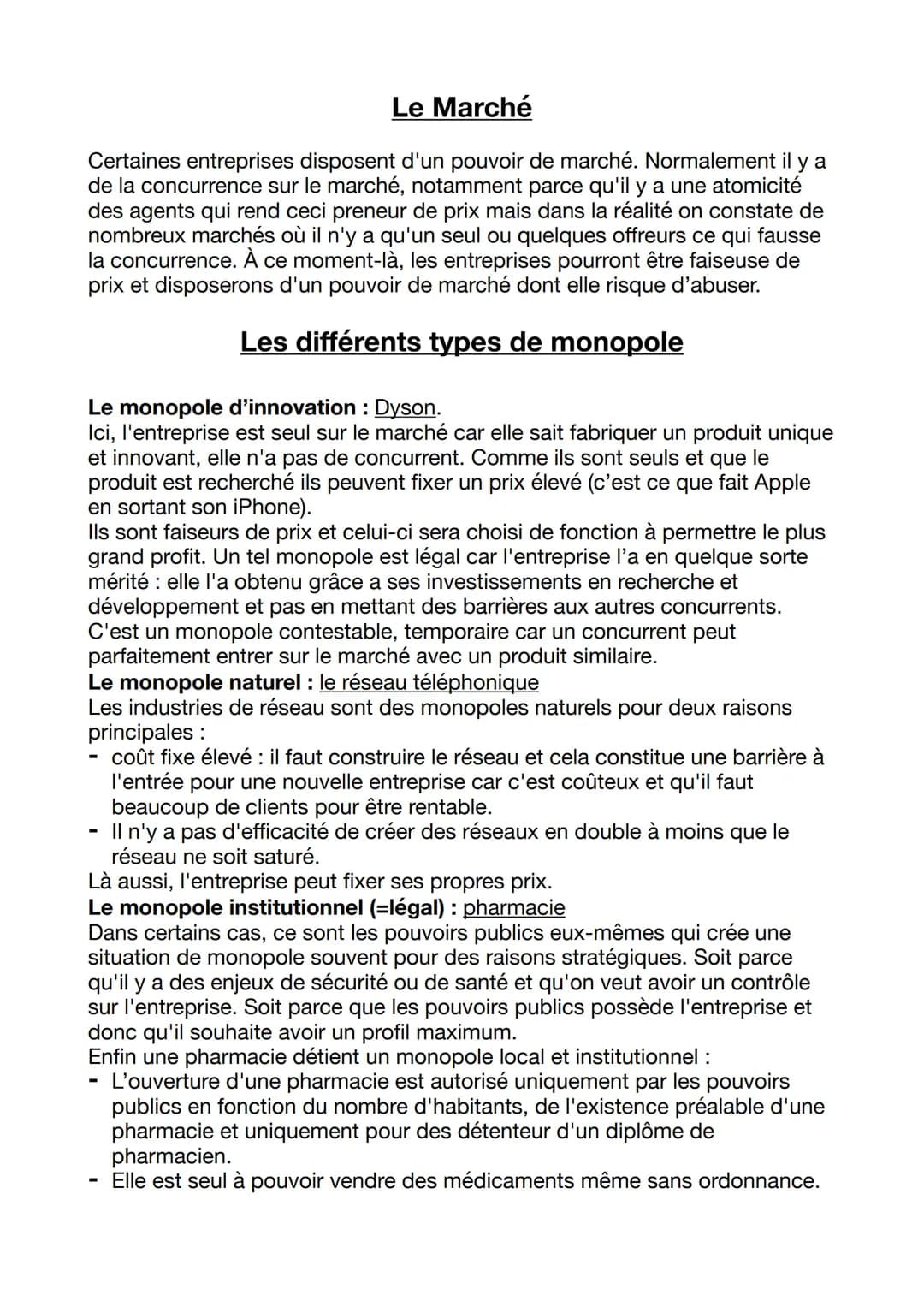 Le Marché
Certaines entreprises disposent d'un pouvoir de marché. Normalement il y a
de la concurrence sur le marché, notamment parce qu'il 