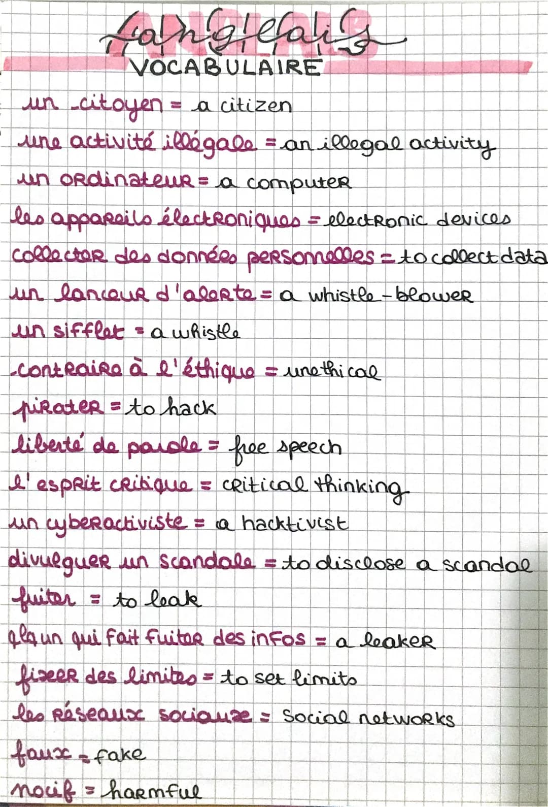 Langefang
VOCABULAIRE
un citoyen = a citizen
une activité illégale = an illegal activity
un ordinateur = a computer.
les appareils électroni