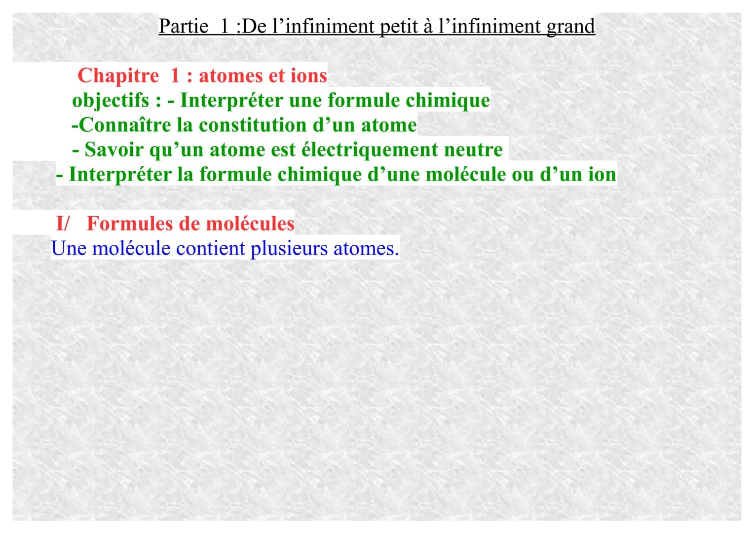 Partie 1:De l'infiniment petit à l'infiniment grand
Chapitre 1: atomes et ions
objectifs : - Interpréter une formule chimique
-Connaître la 