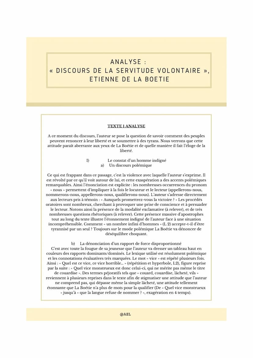 ANALYSE:
<< DISCOURS DE LA SERVITUDE VOLONTAIRE >>,
ETIENNE DE LA BOETIE
Le Discours de la servitude volontaire, Etienne de La Boétie
Le Dis