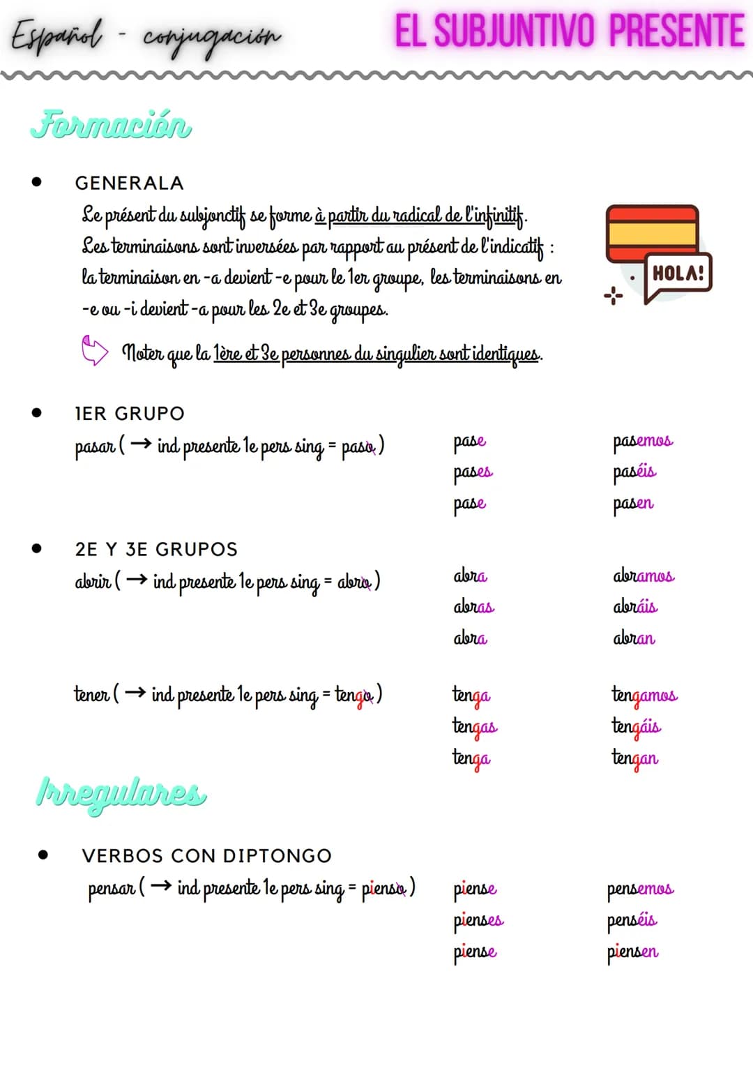 Español - conjugación
Formación
●
●
●
GENERALA
Le présent du subjonctif se forme à partir du radical de l'infinitif.
Les terminaisons sont i