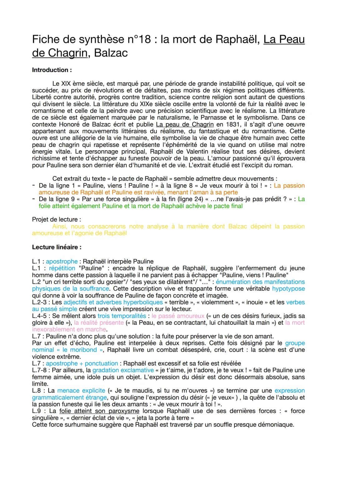 Fiche de synthèse n°18 : la mort de Raphaël, La Peau
de Chagrin, Balzac
Introduction :
Le XIX ème siècle, est marqué par, une période de gra