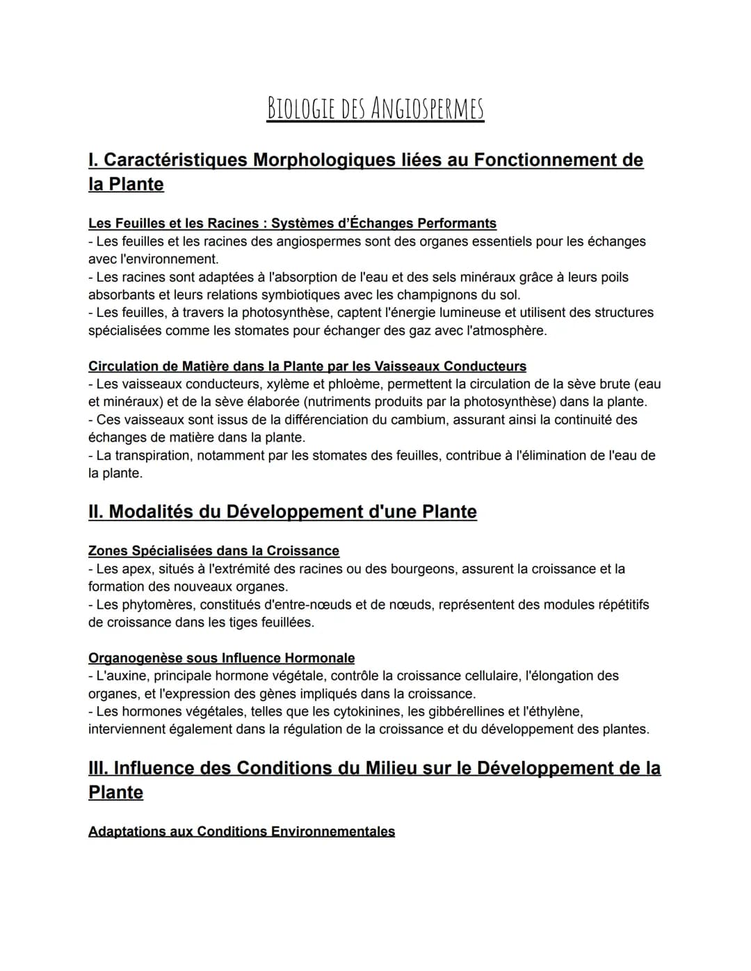 BIOLOGIE DES ANGIOSPERMES
I. Caractéristiques Morphologiques liées au Fonctionnement de
la Plante
Les Feuilles et les Racines: Systèmes d'Éc