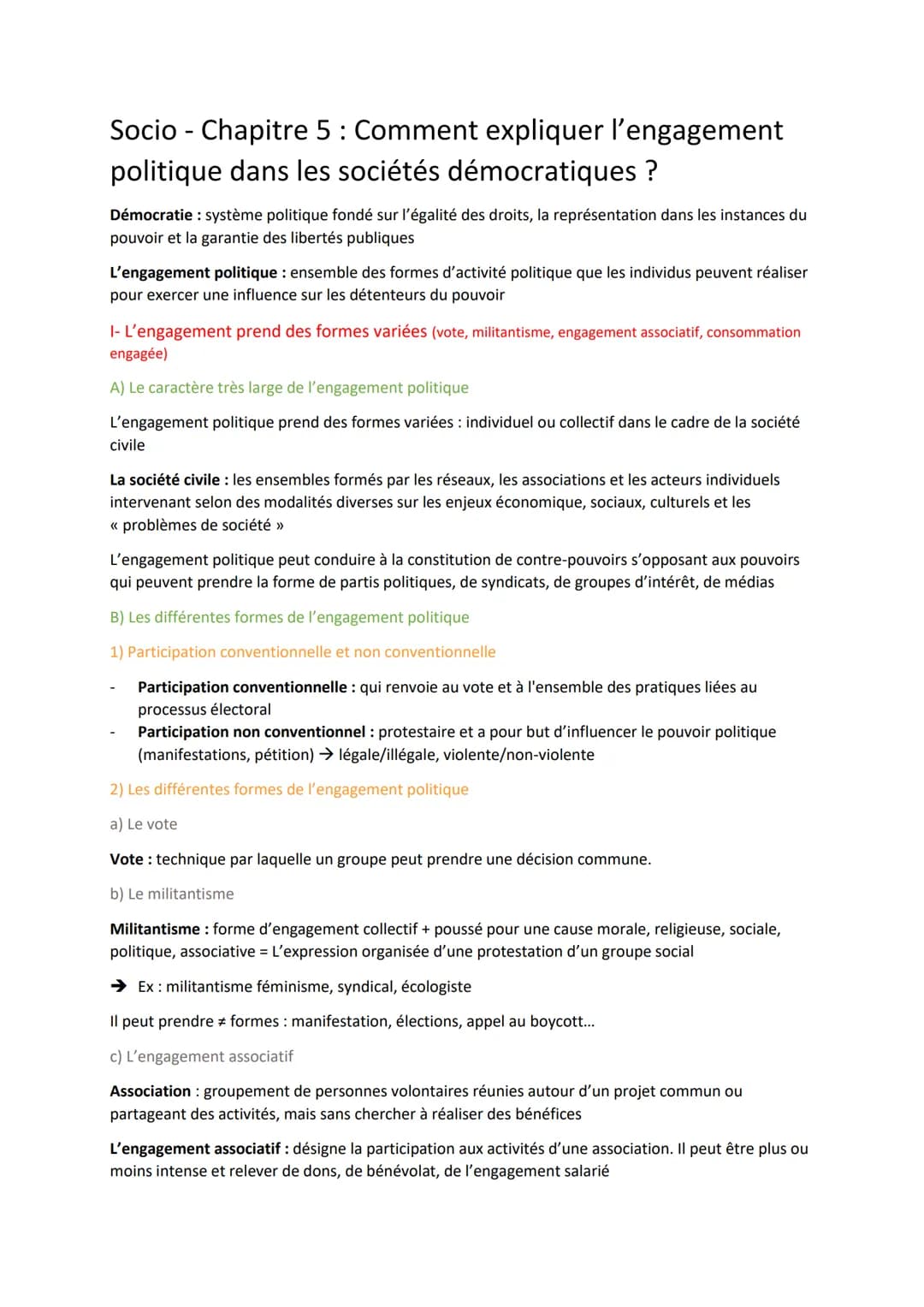 Socio - Chapitre 5: Comment expliquer l'engagement
politique dans les sociétés démocratiques ?
Démocratie: système politique fondé sur l'éga