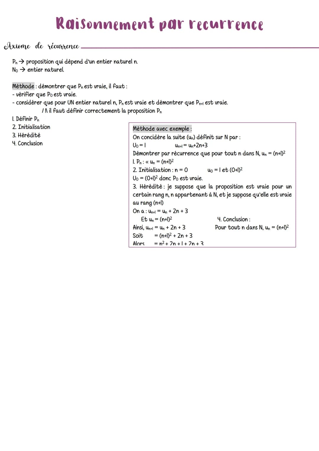 Raisonnement par recurrence
Axiome de récurrence.
Pn → proposition qui dépend d'un entier naturel n.
No entier naturel.
Méthode: démontrer q