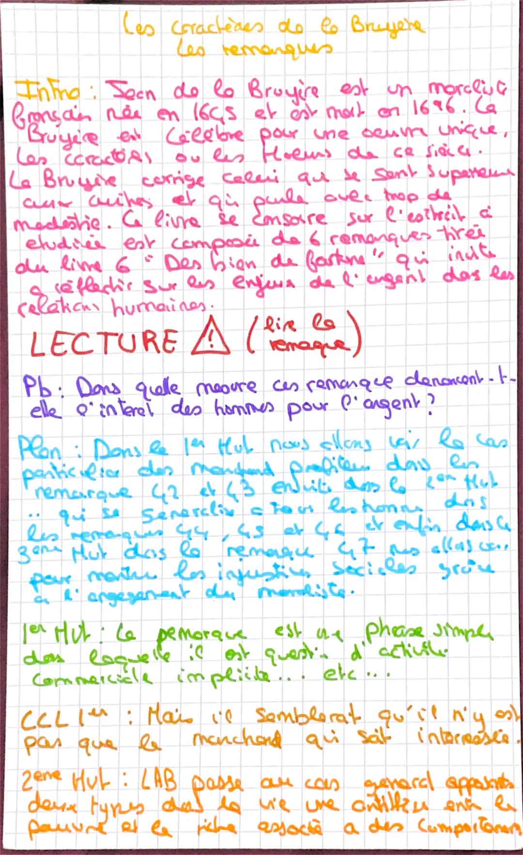 
<p>Les remarques</p>
<p>Dans "Les Caractères" de La Bruyère, on retrouve la réflexion de l'auteur sur les comportements et les qualités des