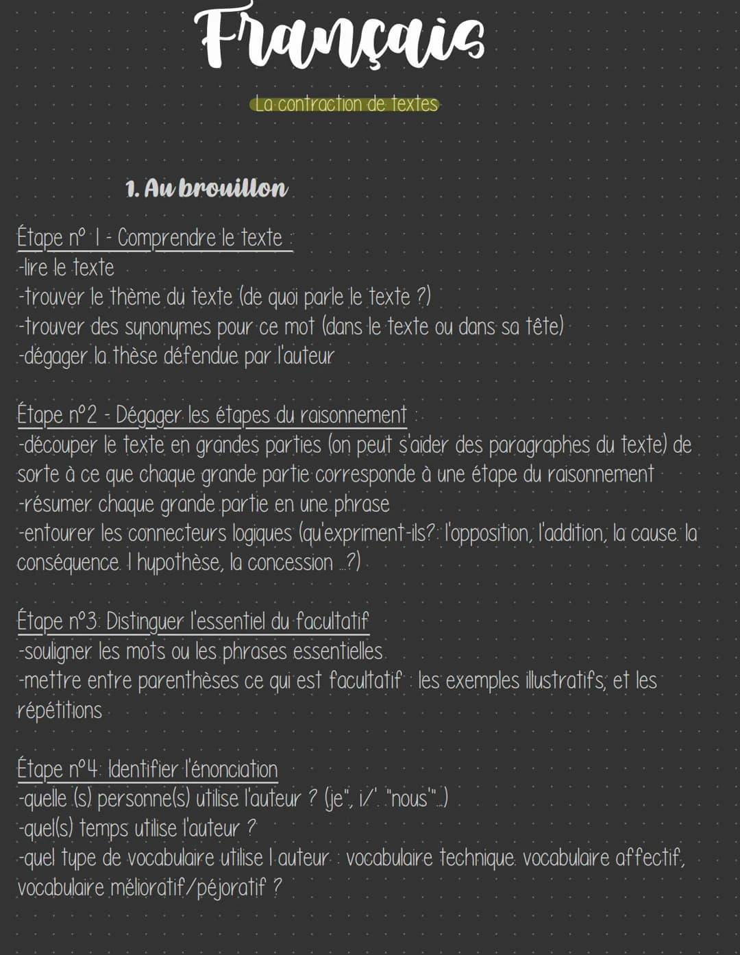 Français
La contraction de textes
1. Au brouillon
Étape nº`·1 - Comprendre le texte
-lire le texte
-trouver le thème du texte (de quoi parle