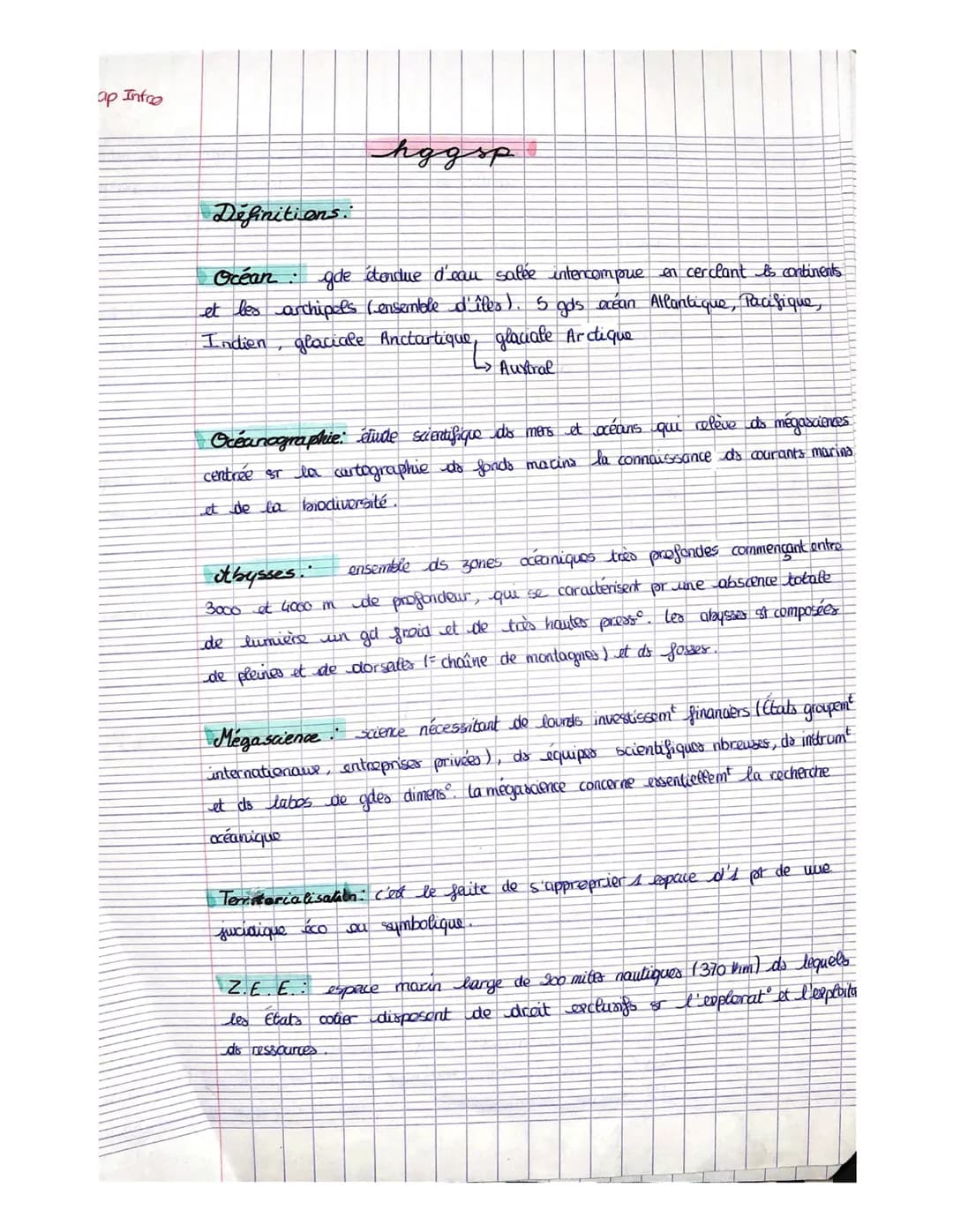 ap Infro
hggsp
Définitions:
Océan : gde étendue d'eau salée intercompue en cerclant is continents.
et les archipels (ensemble d'îles). 5 gds