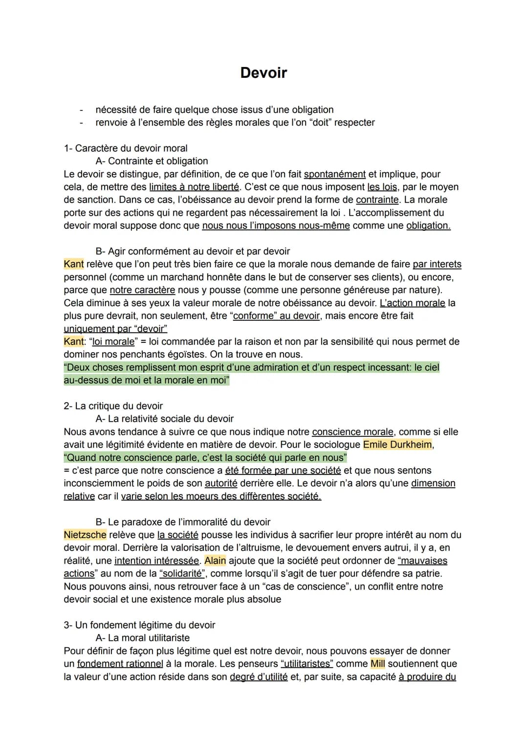 Devoir
nécessité de faire quelque chose issus d'une obligation
renvoie à l'ensemble des règles morales que l'on "doit" respecter
1- Caractèr