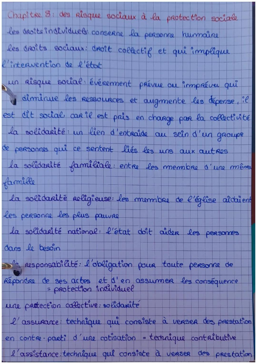# Chapitre 8: des risque sociaux à la protection sociale

les droits individuels: conserne la personne humaine

les droits sociaux: droit co