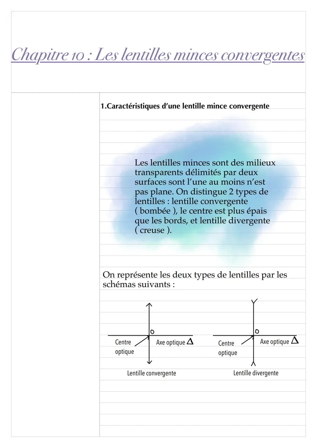 Chapitre 10: Les lentilles minces convergentes
1.Caractéristiques d'une lentille mince convergente
Les lentilles minces sont des milieux
tra