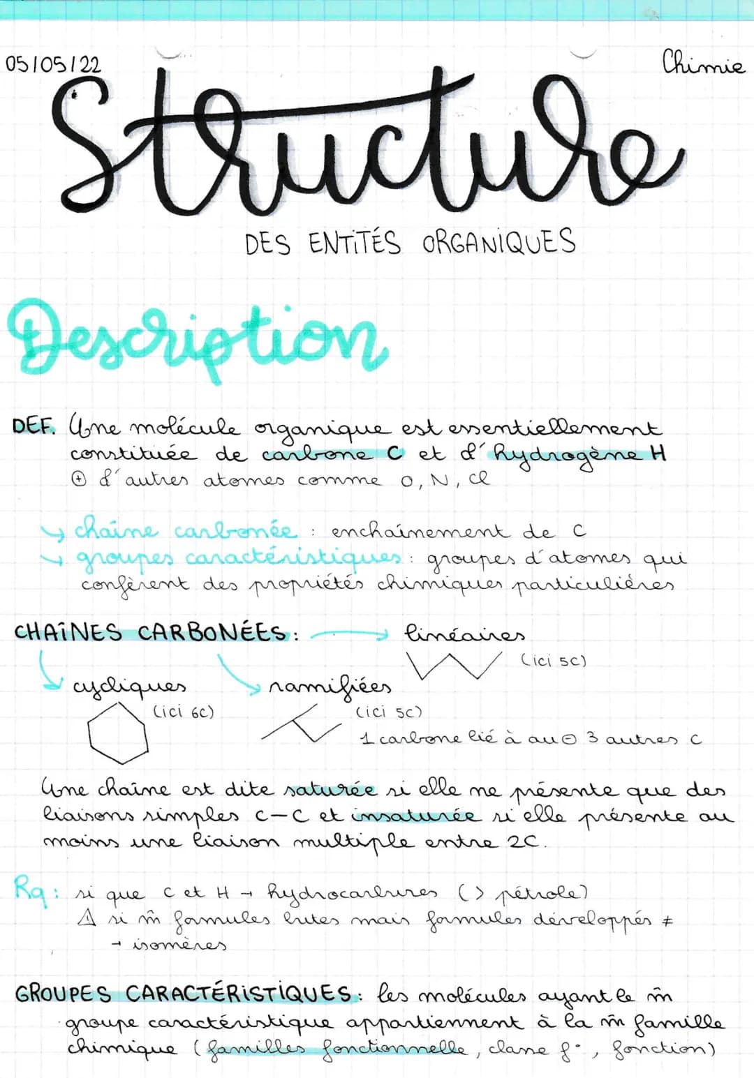 05/05/22
Structure
DES ENTITÉS ORGANIQUES
Description
DEF. Une molécule organique est essentiellement
constituée de carbone C et d'hydrogène