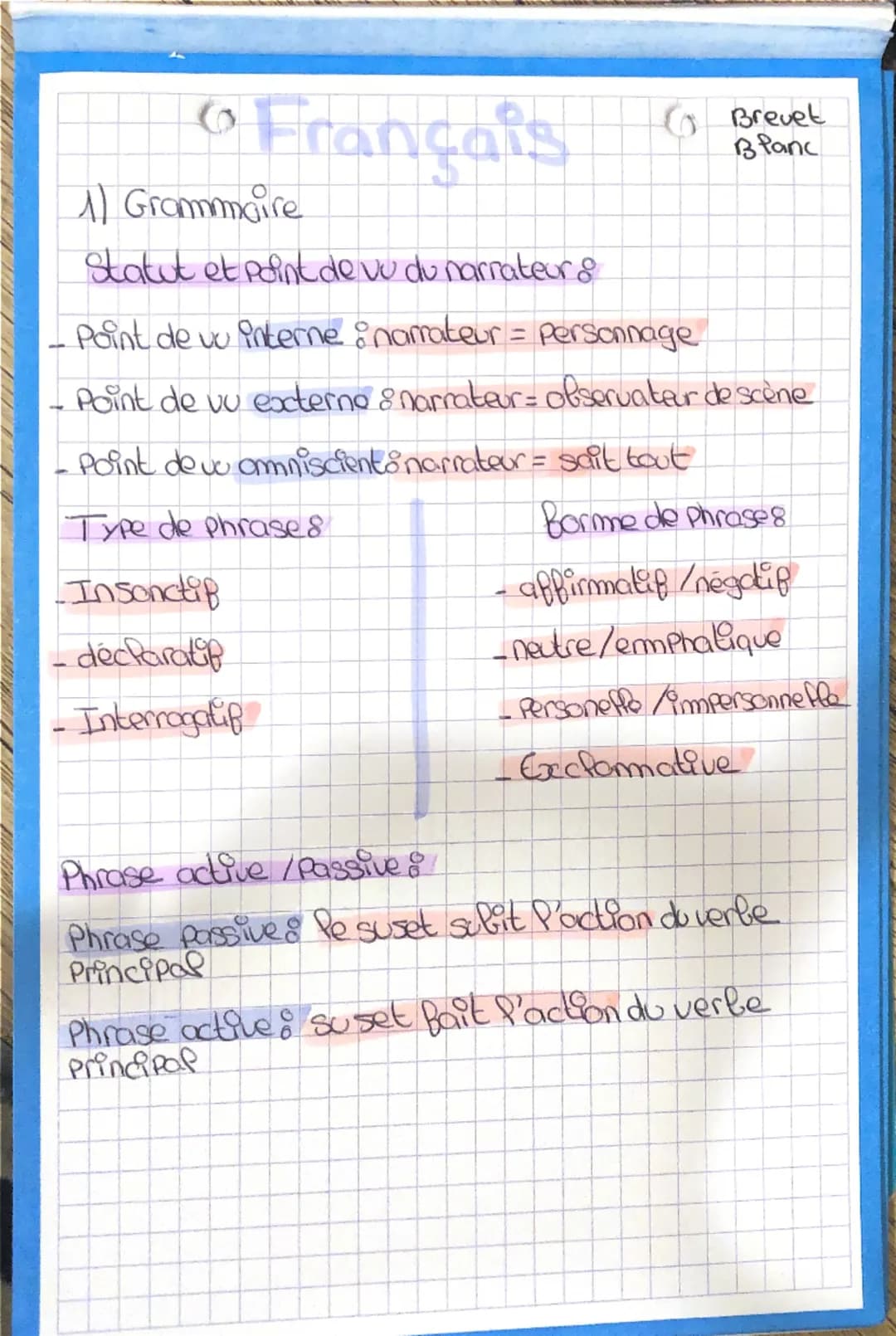 Français
1) Grammaire
Statut et point de vu du narrateur
- Point de vu interne :namateur = personnage
-
Brevet
Blanc
Point de vu externo 8 n